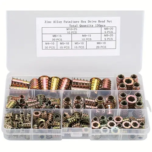 130pcs Zinc-Coated Iron Insert Wood Screws, Hex Drive Head Furniture Nuts Set, M