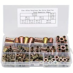 130pcs Zinc-Coated Iron Insert Wood Screws, Hex Drive Head Furniture Nuts Set, M