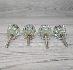 Vintage Uranium Glass Cabinet Knobs Hexagonal Pulls w/ Screws & Square Nuts 4pc