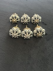 Lot Of 6 Hand Painted Ceramic Drawer Or Cabinet Knob White & Black Floral