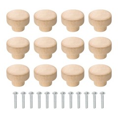 12Pcs Round Wood Drawer Knob, 1.38″ Dia Flat Head Dresser Knobs with Screws