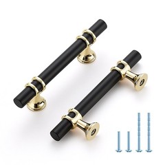 Matte Black and Brushed Brass Cabinet Handles, 3 Inch Hole Center Modern T-Bar D