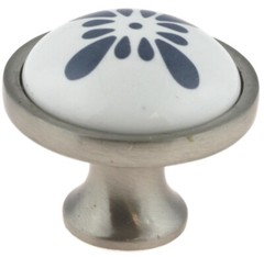 (5 Pack) 1-1/4 inch Blue-Grey Flower on White Ceramic Knob Satin Nickel