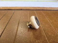 Vintage Almond Porcelain Eith Antique Brass Cabinet Knob Belwith Keeler 1.25 In