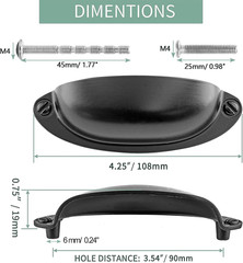 6Pcs Glossy Black Cup Drawer Pull 3.5 Hole Centers Metal Cup Pull Vintage Shel