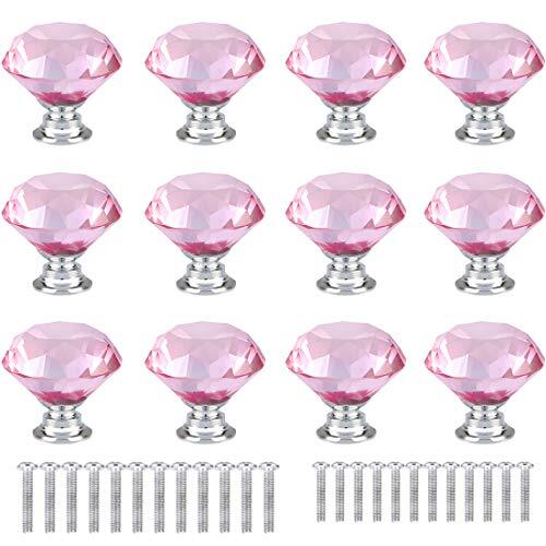 12 Pcs 30mm Diamond Shape Crystal Glass Cabinet Knobs with Screws Drawer Pink