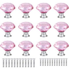 12 Pcs 30mm Diamond Shape Crystal Glass Cabinet Knobs with Screws Drawer Pink