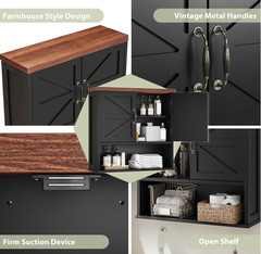 Gabinete de baño montado en pared negro con estante ajustable y almacenamiento