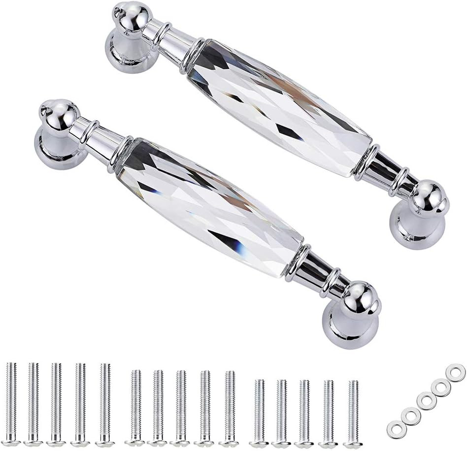 Pack of 2 Crystal Cabinet Handles Pulls, Chrome Silver Glass Handle Decorative D