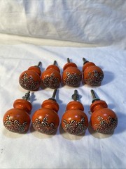 Set of 8 Hand painted Orange Mandala Wood Cabinet Knobs W/Washer &Screw