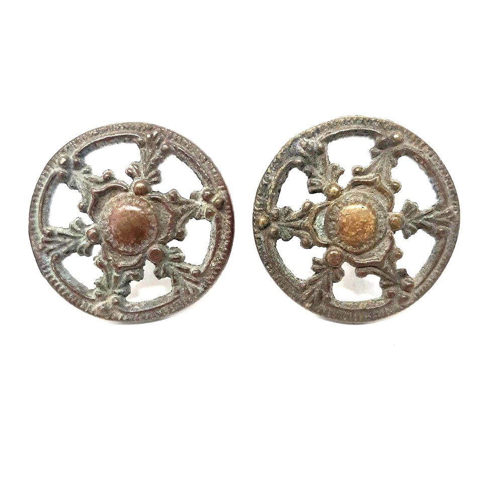 Lot of 2 Ornate Design Vintage Cast Iron Round Knobs Hardware Victorian