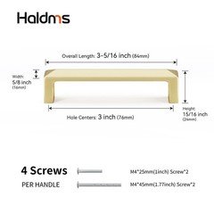 3 Inch/76mm Hole Center Brushed Gold Zinc Alloy Cabinet Drawer Pulls 5 PCS