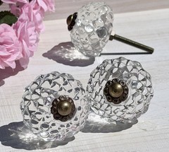 2 Clear Faceted Textured Glass Antique Brass Cabinet Pulls Bathroom Kitchen Knob
