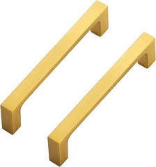 Brushed Brass Solid Pulls Cabinet Handles 5 Inch 30 Pack | Solid Zinc, Slim Desi