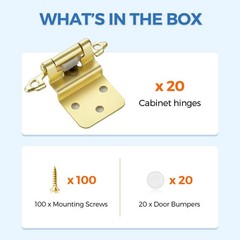 20 Pack Gold Cabinet Hinges, 3/8 Inch Overlay, Semi-Concealed, Self-Closing