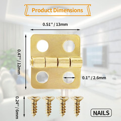 50 Pcs Mini Hinges, 13 X 12 Mm Retro Brass Butt Hinge Miniature Hardware 180 Deg