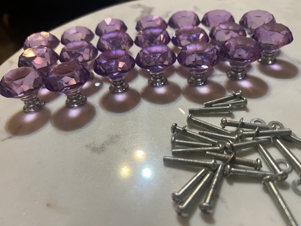 20 Purple Crystal Cabinet Knobs 1.2″ Diamond Glass, Girl Vanity Desk Handles