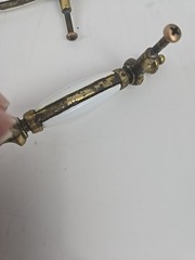 6 Antique White Porcelain & Brass 5” Drawer Pull Handles w Screws & Heavy Patina
