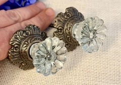 2 Vintage Clear Glass Drawer Pull Knob w/ Antique Bronze Metal Backplate