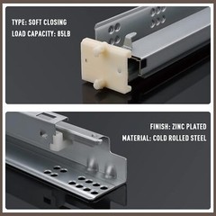 Knobonly 1 Pair 18″ Soft Close Drawer Slides, Zinc Plated Under Mount Drawer Rai