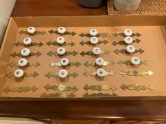 VTG White Porcelain Ceramic Knobs Brass Backplates Lot Cabinet Hardware Drawers
