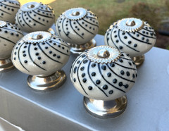 Drawer Knobs Pulls Ceramic Cream w/Navy Dot Swirl w/Screws Set of 10