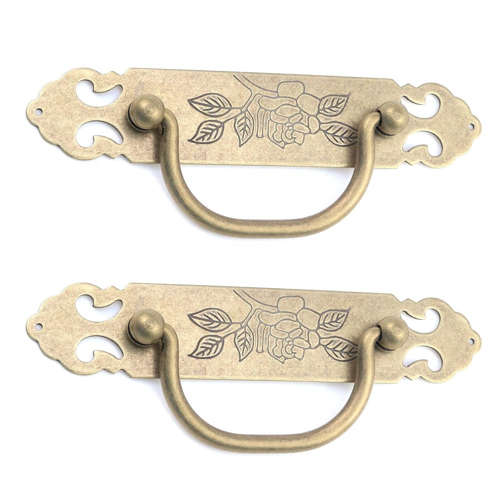 2 PCS Antique Flat Bronze Cabinet Pulls Brass Engraved Retro Handles 3 Inch