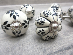 Set Of 8 Ceramic Cabinet Door Knobs Drawer Pulls Hand Painted White Black Floral
