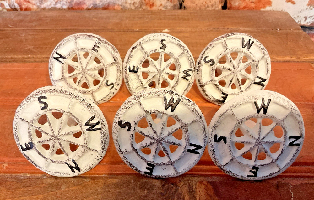 Set of 6 Distressed White Cast Iron Compass Rose Drawer Pulls…Ships Free!