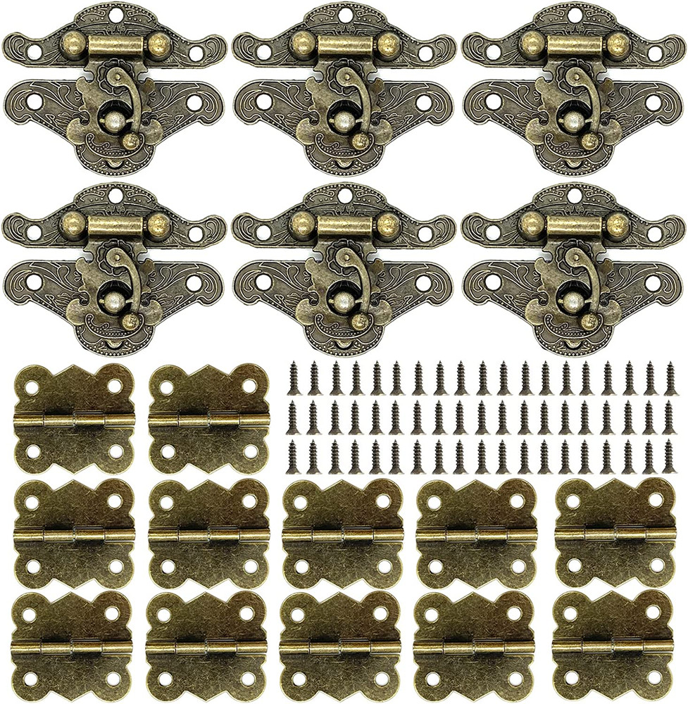 6Set Retro Design Jewelry Box Hinges and Antique Hasp Latch Decorative Cabinet D