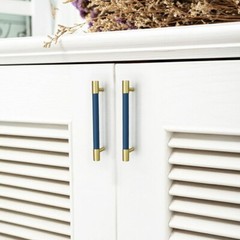 MFYS Brass Gold & Navy Blue Leather Cabinet Handle Wardrobe Pull Drawer Pull