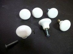 6 White Ceramic Drawer Pulls Cabinet Knobs 1.26″ w Screws Round Mushroom Shape