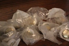 11 Vintage Porcelain White and Brass Cabinet Knobs New Old Stock