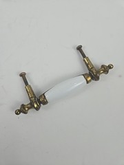 6 Antique White Porcelain & Brass 5” Drawer Pull Handles w Screws & Heavy Patina