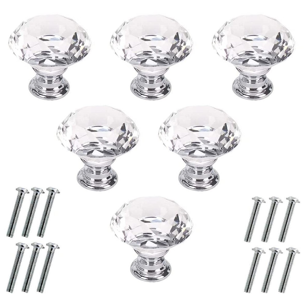 Akstore 6 Pcs Crystal Glass Cabinet Knobs 30mm Diamond Shape Drawer Kitchen Cabi