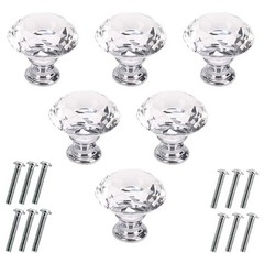 Akstore 6 Pcs Crystal Glass Cabinet Knobs 30mm Diamond Shape Drawer Kitchen Cabi