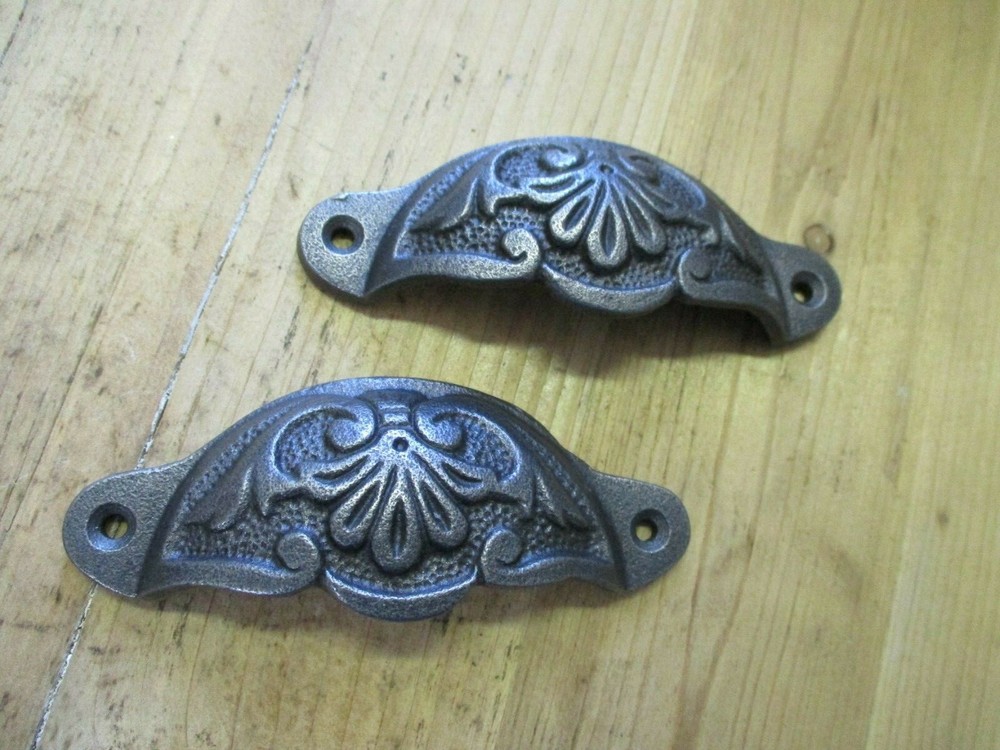 2 CUP PULLS 4 1/8 WIDE DRAWER VICTORIAN BIN HANDLES ANTIQUE-STYLE IRON BEAUTIFUL