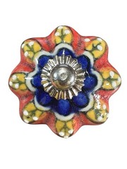 Vintage Hand Painted Ceramic Cabinet Knob Pull Multicolor Floral Red Yellow Blue