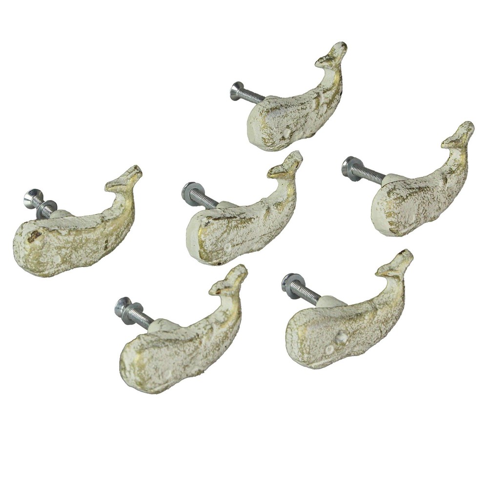 Zeckos Rustic White Cast Iron Whale Drawer Pulls – Set of 6 Nautical Cabinet Kno