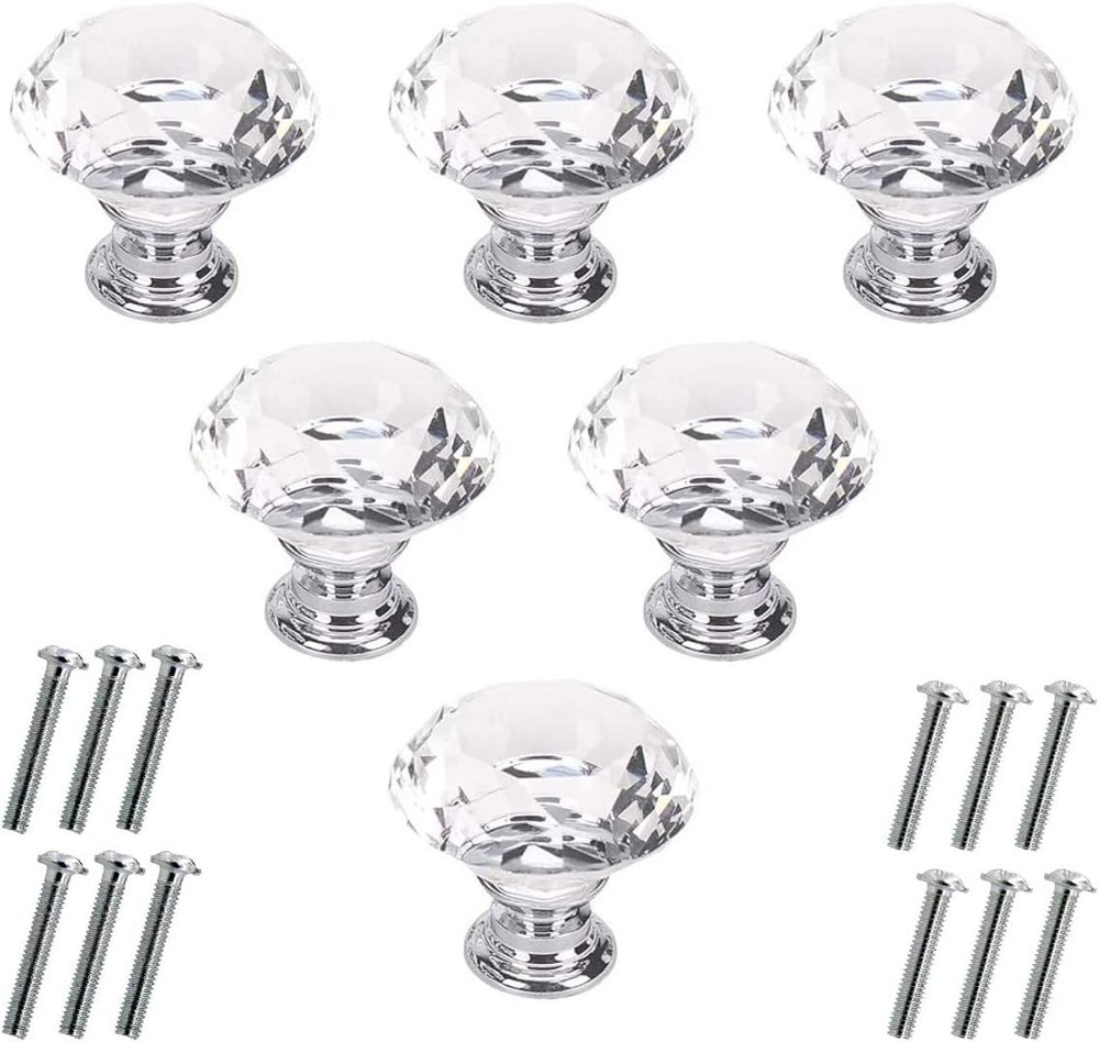 6 Pcs 30MM Crystal Clear Cabinet Knobs Silver Diamond Knobs for Dresser Draw…