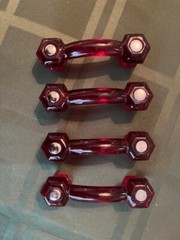 Set of 4 Ruby Red Glass Cabinet Pulls Handles Depression Art Deco Style