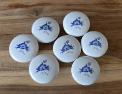 Vintage Set of 7 1-1/4” Porcelain Blue White Floral Knobs Cabinet Drawer Pulls