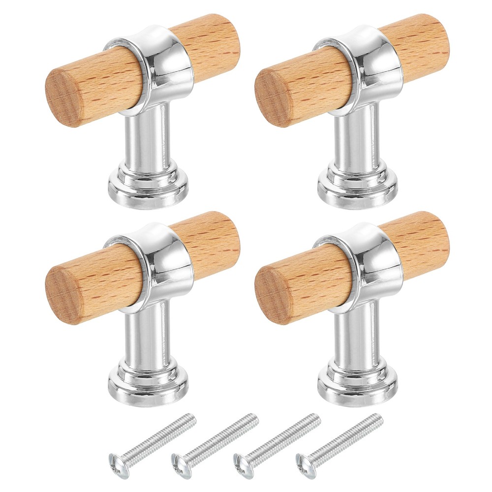 4Pcs 1.57″x0.63″ T-Bar Wooden Drawer Pulls with Silver Base Beech]
