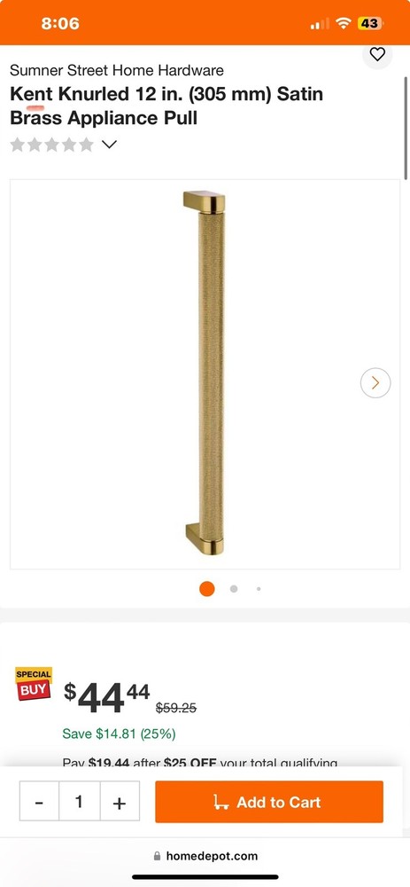 Sumner Street Hardware Kent Knurled 12 in. (305 mm) Satin Brass Appliance Pull
