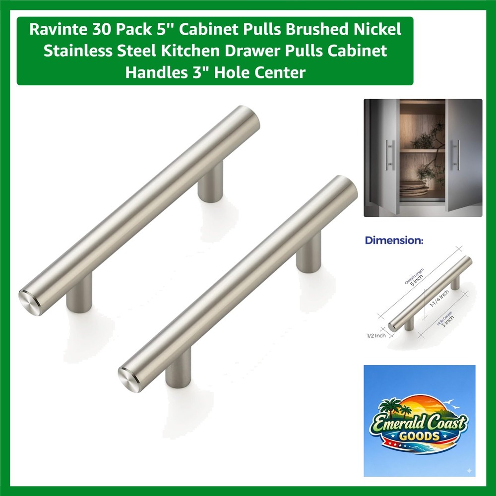 Elegant 5” Stainless Steel Cabinet Handles – 30 Pack Brushed Nickel Pulls
