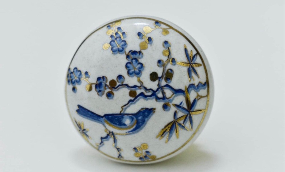 8 White Blue Bird Floral Ceramic Cabinet Knob Round Polished Gold Hardware