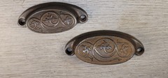 Antique Bin Drawer Handle Cup Pulls Ornate Cast Iron Original 1873 Lg & Sm Set