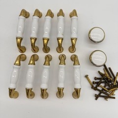 Vintage White Ceramic Brass Cabinet Pulls & Knobs Japan Hardware Lot
