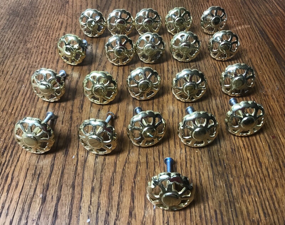 LOT of 21 POLISHED Filigree Design Bright Brass Finish Cabinet Knobs