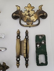 11 Pieces Vintage Hardware – Drawer Pulls, Cabinet Hinge, Carved Wood Pediment +
